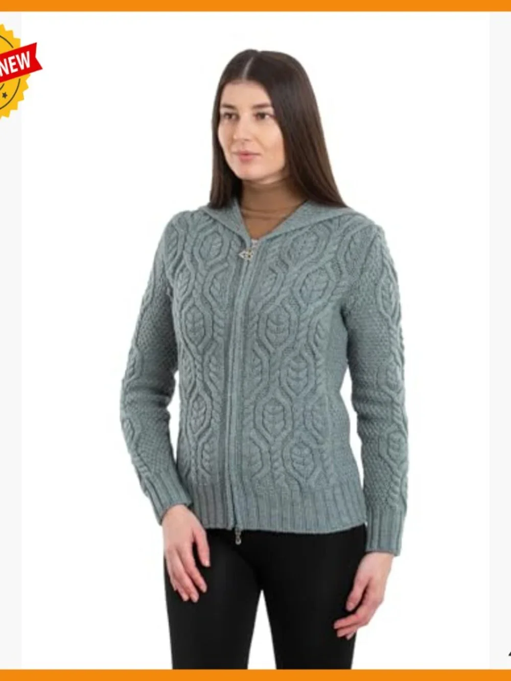Merino Wool Hooded Zip Cardigan - Aran Stitch - Warm Layering Sweater - Picture 6 of 7